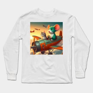 The Green Mouse Takes Flight: A High-Flying Adventure with a Co-Pilot Cat! Long Sleeve T-Shirt